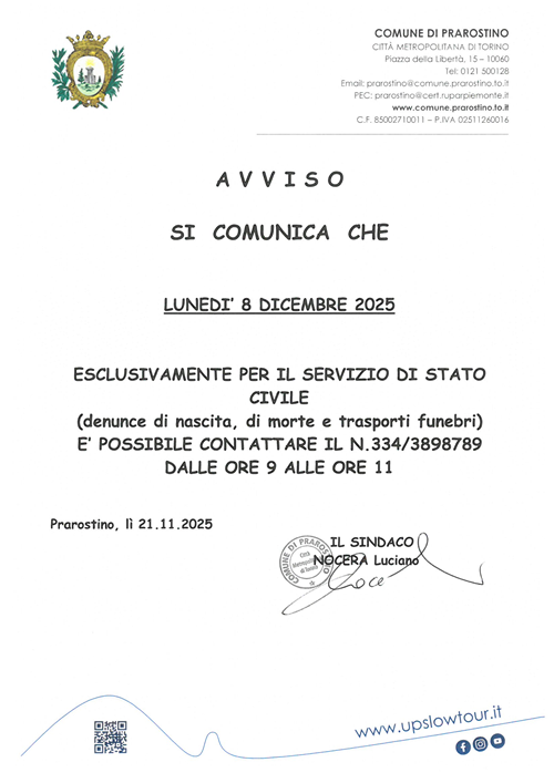 Reperibilità stato civile lunedì 8 dicembre 2025