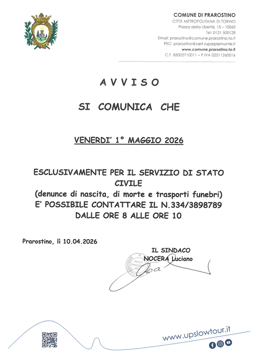 Reperibilità stato civile 1° maggio 2026