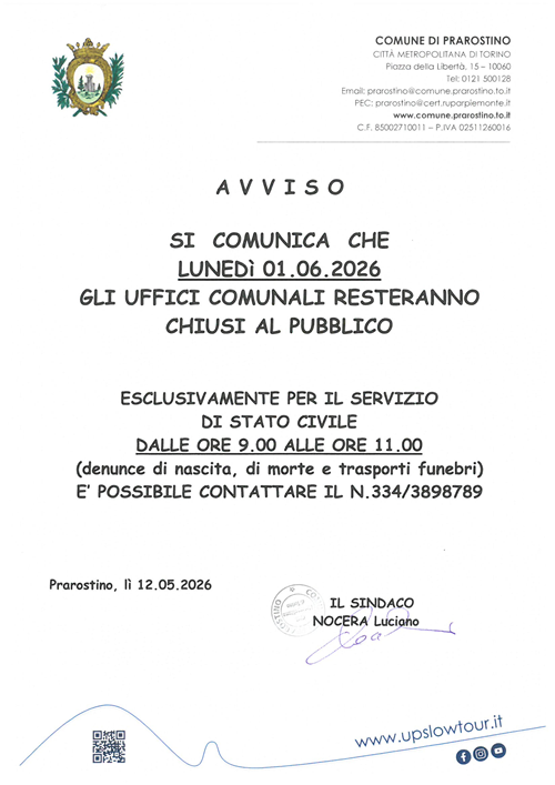 Uffici Comunali chiusi: lunedì 1 giugno 2026