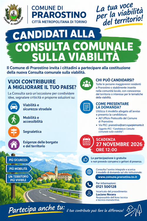 Avviso pubblico per la raccolta delle candidature finalizzate alla costituzione della consulta comunale sulla viabilità

